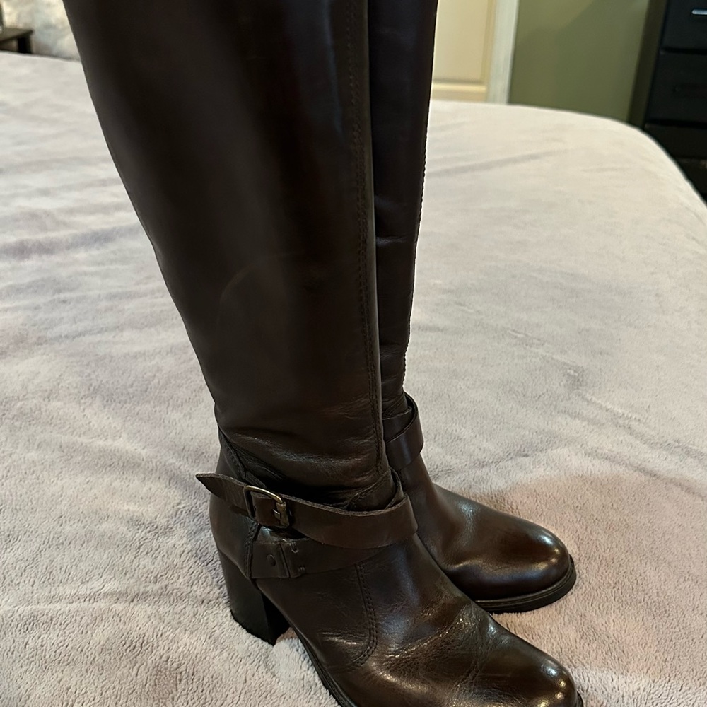 Aldo boots.  Size 7.  Dark brown leather tall 2 buckles - Picture 6 of 11